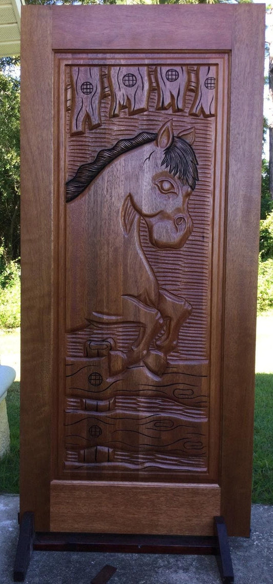 Hand-carved Brazilian Mahogany Entryway Doors - Jumping Horse Door