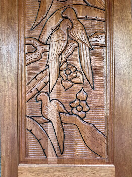 Individually hand carved mahogany. Termite resistant and extremely sturdy weight fluctuating between 66 and 72 lbs. Adds value, safety and beauty to your home.