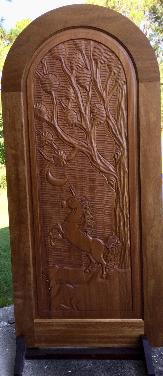 Hand-carved Brazilian Mahogany Entryway Doors - Unicorn Door