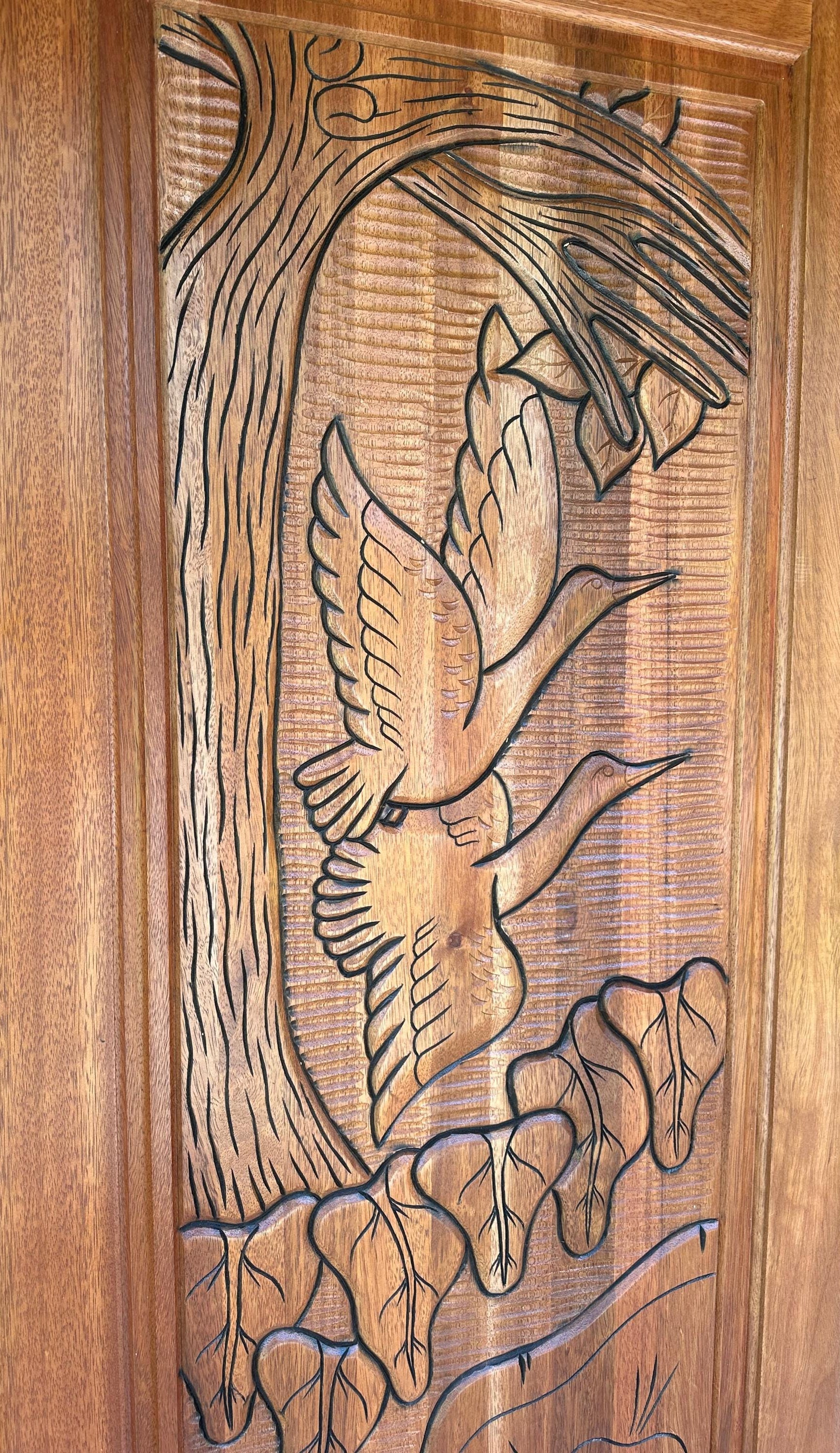 Hand-carved Brazilian Mahogany Entryway Doors - Birds Flying