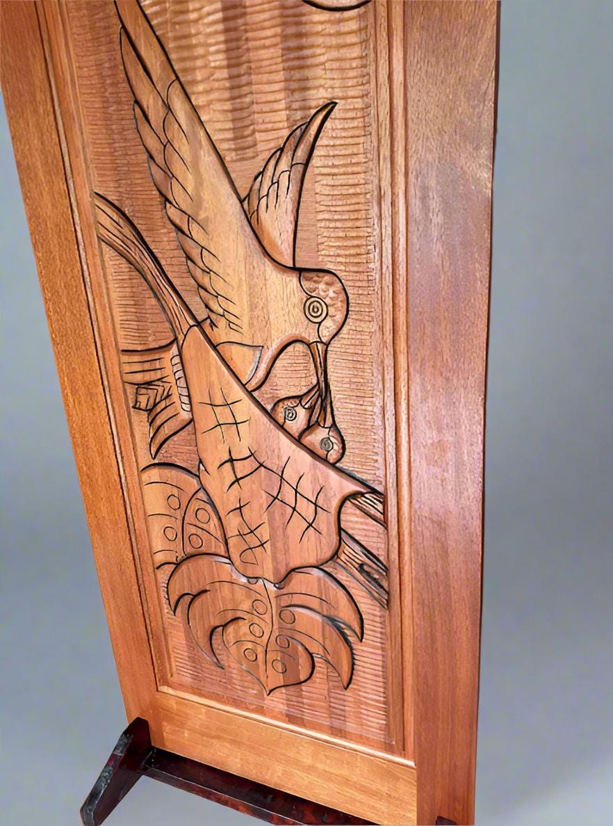Hand-carved Brazilian Mahogany Entryway Doors - Bird Feeding Chicks Door