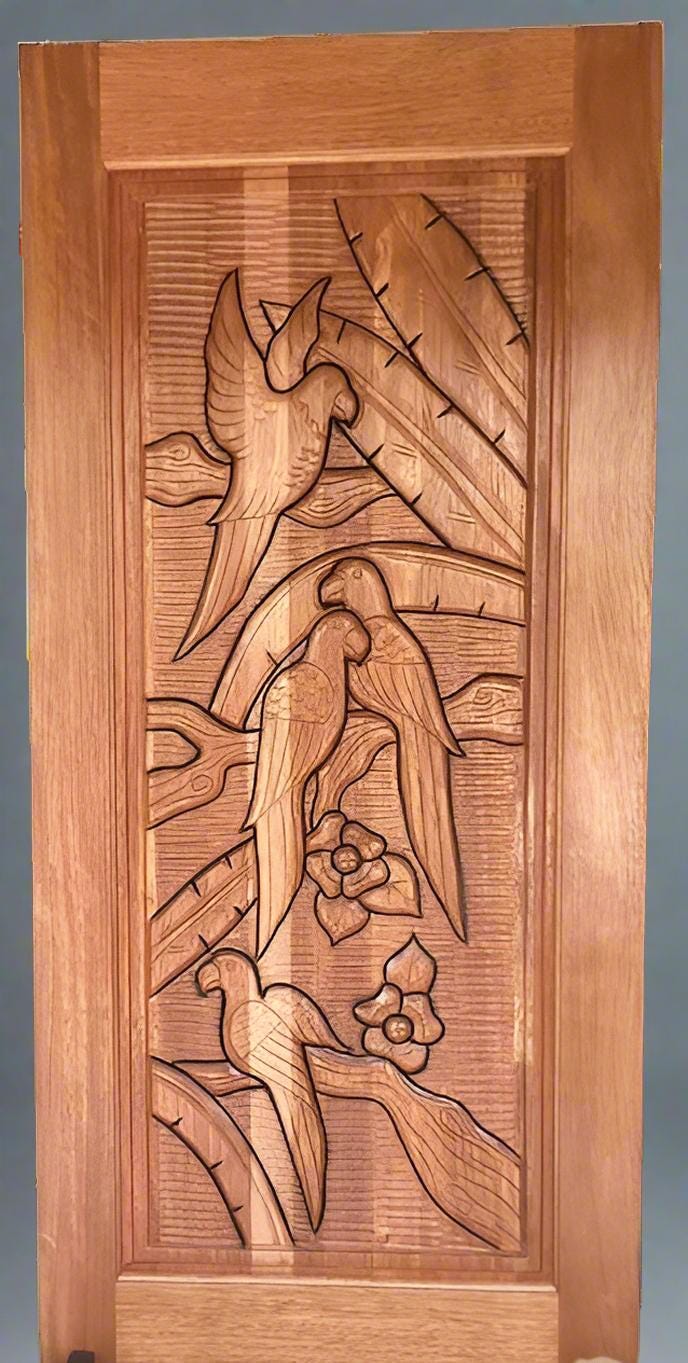 Hand-carved Brazilian Mahogany Entryway Doors - Parrot (Papagallo) Door