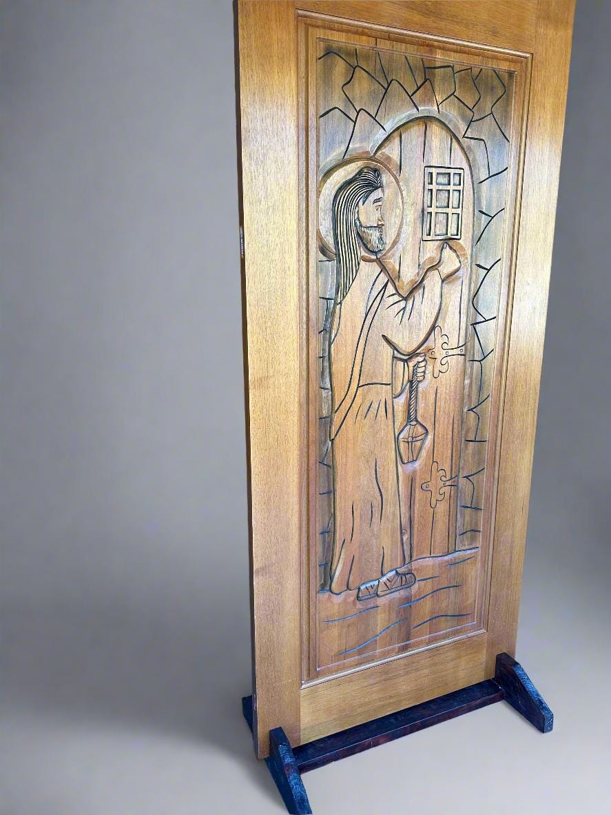 Hand-carved Brazilian Mahogany Entryway Doors - Christ Knocking Door