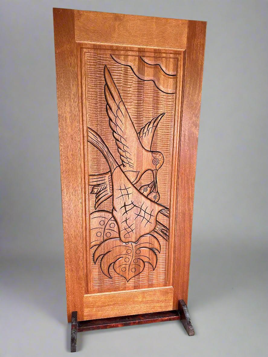 Hand-carved Brazilian Mahogany Entryway Doors - Bird Feeding Chicks Door