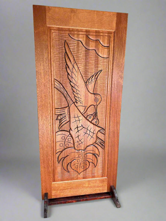 Hand-carved Brazilian Mahogany Entryway Doors - Bird Feeding Chicks Door