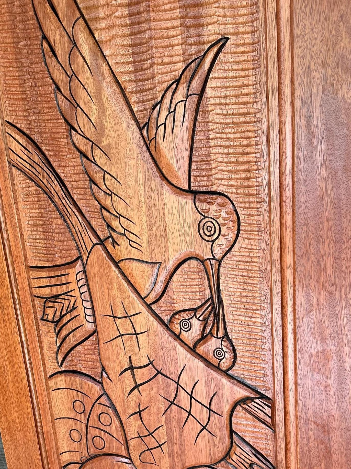 Hand-carved Brazilian Mahogany Entryway Doors - Bird Feeding Chicks Door