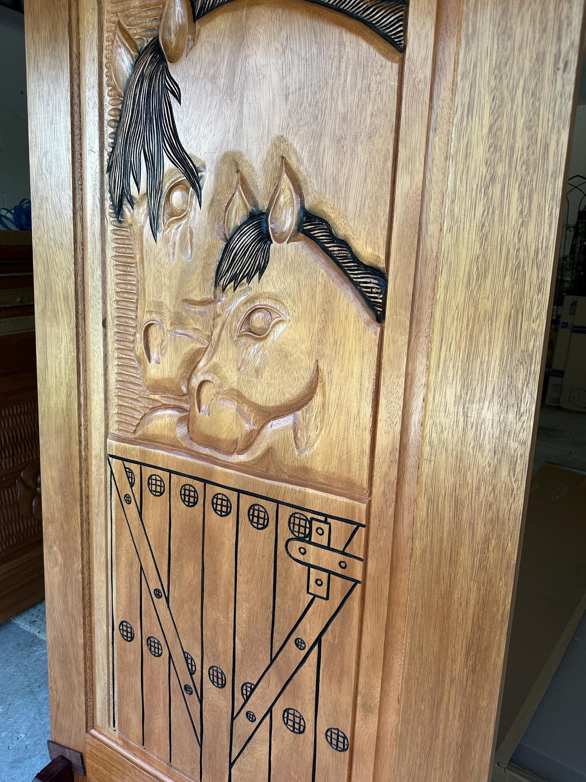 Hand-carved Brazilian Mahogany Entryway Doors - Mare and Filly Door
