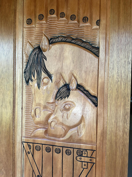 Hand-carved Brazilian Mahogany Entryway Doors - Mare and Filly Door