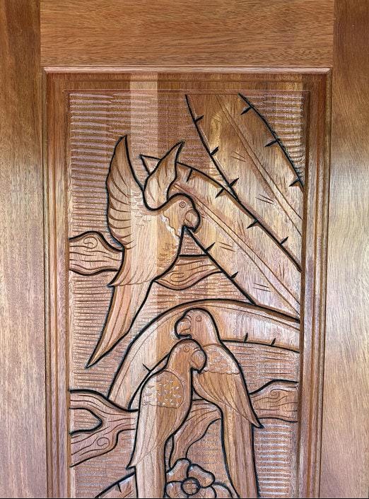 Hand-carved Brazilian Mahogany Entryway Doors - Parrot (Papagallo) Door