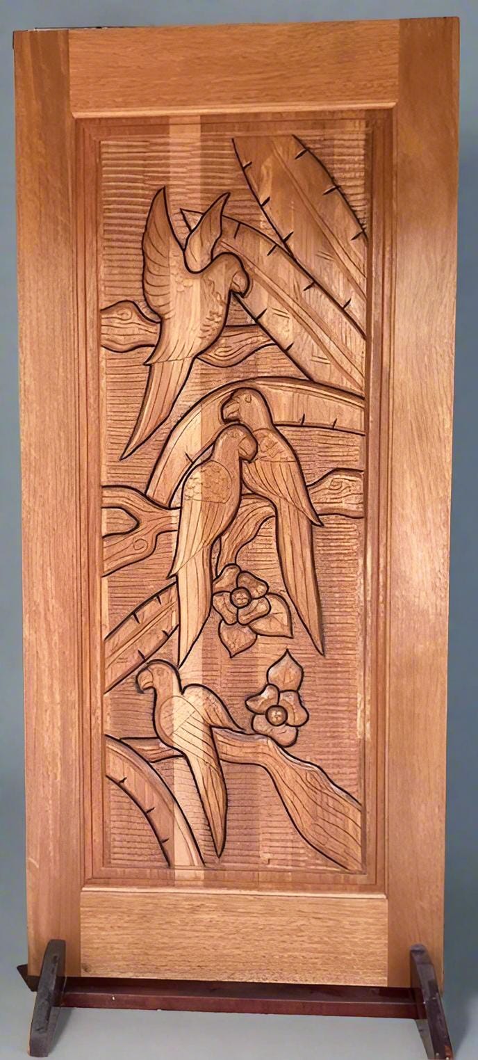 Hand-carved Brazilian Mahogany Entryway Doors - Parrot (Papagallo) Door