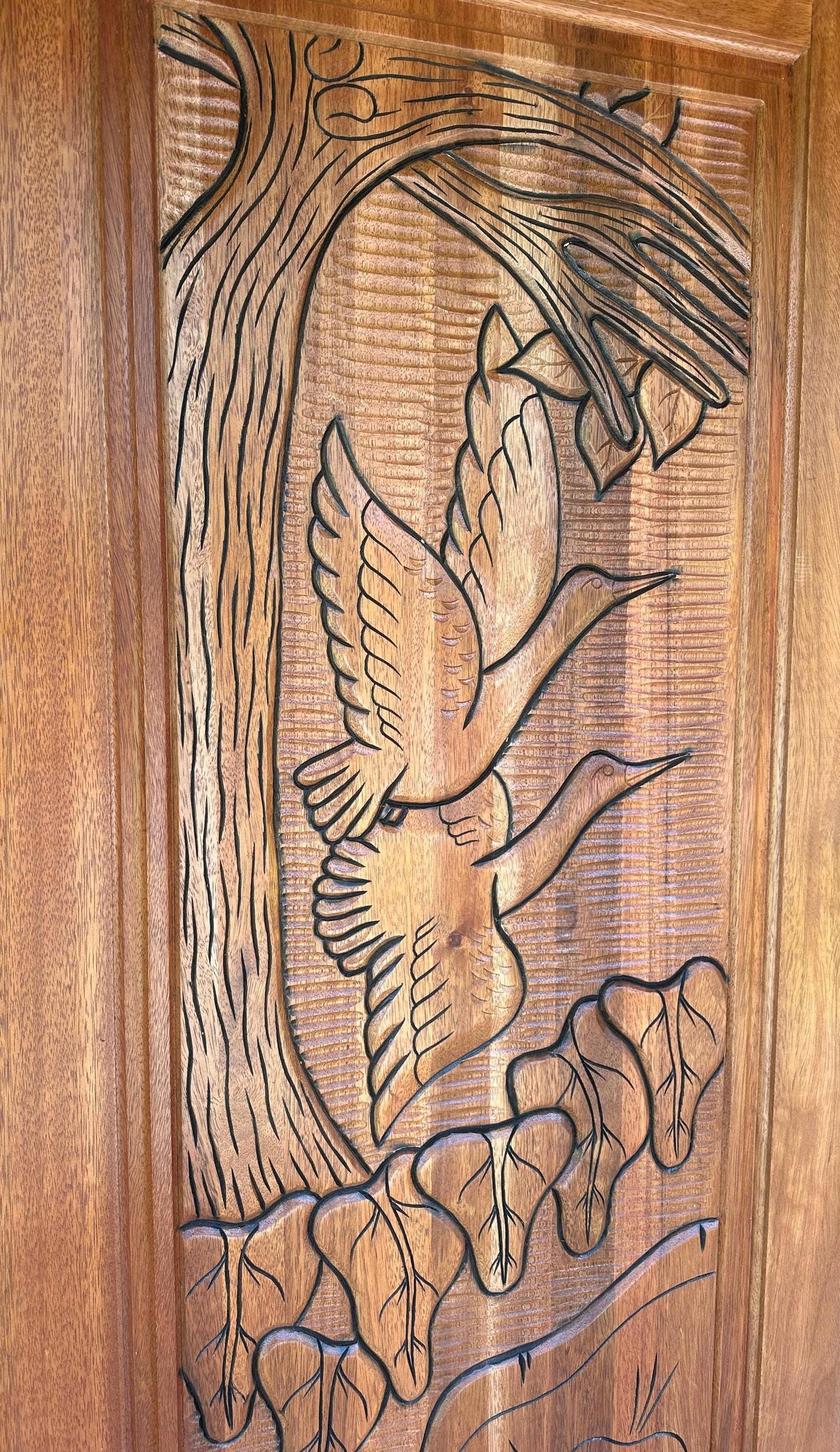 Hand-carved Brazilian Mahogany Entryway Doors - Birds in Flight Door